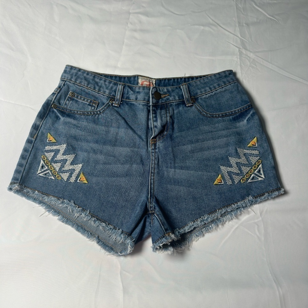 Gianni Bini Blue and Yellow Jean Shorts with Southwestern Embroidery
